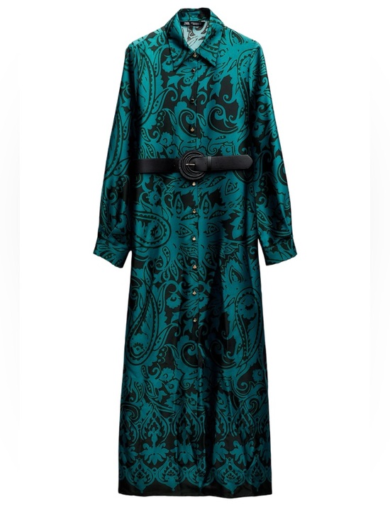 Zara Dresses & Skirts - Zara Teal and Black Paisley Long Sleeve Dress satin maxi button down gold accent